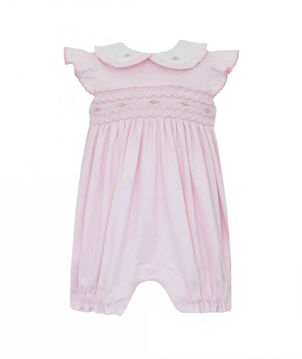NEW PETIT BEBE kid's elizabeth geometric smocked knit short romper in pink